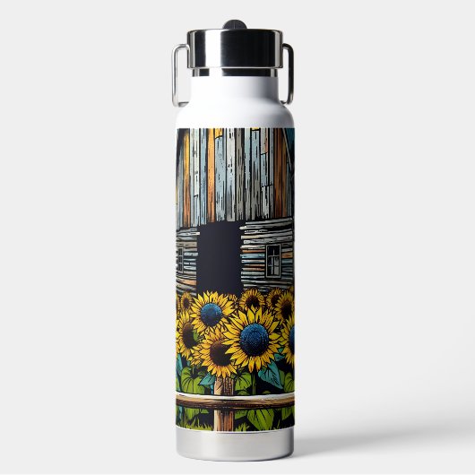  zwart paard en rustieke schuur met zonnebloemen waterfles (Voorkant)