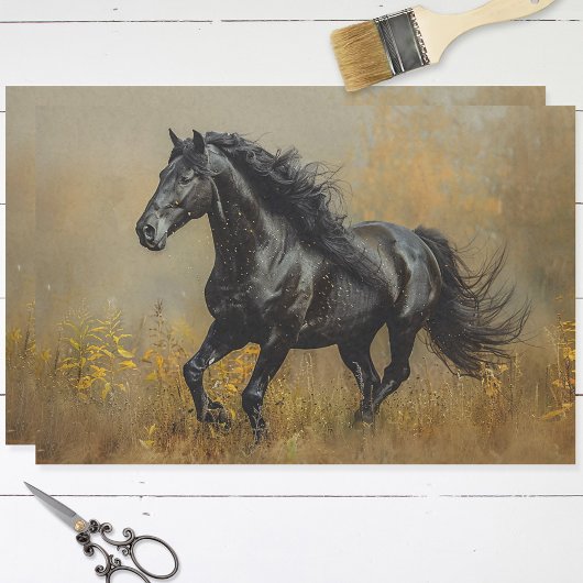 Zwart Paard Galloping Gouden Achtergrond Decoupage Tissuepapier