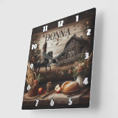 Zwart paard in de buurt van boerderij en rustieke vierkante klok (Hoek)