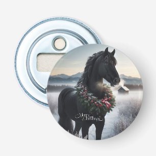 Zwart paard in de sneeuw met kerstkrans button flesopener