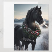 Zwart paard in de sneeuw met kerstkrans feestdagenkaart (Voorkant / Achterkant)