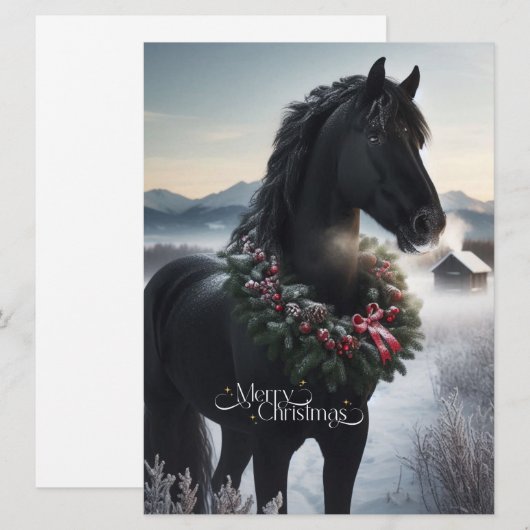 Zwart paard in de sneeuw met kerstkrans feestdagenkaart (Voorkant / Achterkant)