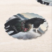 Zwart paard in de sneeuw met kerstkrans kartonnen onderzetters (Gekanteld)