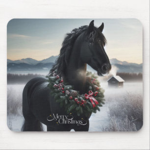 Zwart paard in de sneeuw met kerstkrans muismat