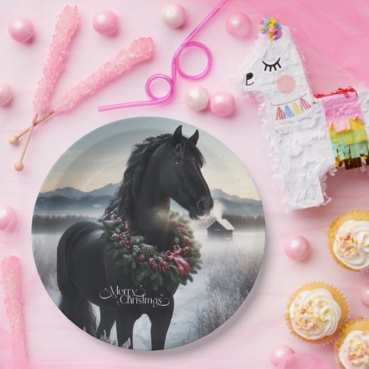 Zwart paard in de sneeuw met kerstkrans papieren bordje (Feest)
