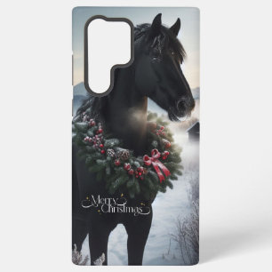 Zwart paard in de sneeuw met kerstkrans samsung galaxy hoesje