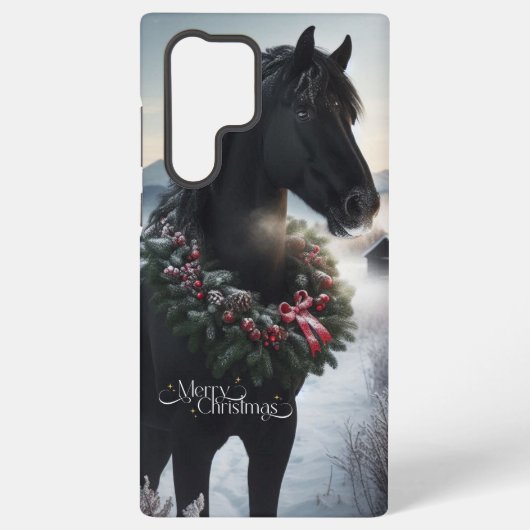 Zwart paard in de sneeuw met kerstkrans samsung galaxy hoesje (Achterkant)