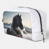Zwart paard in de sneeuw met kerstkrans toilettasje (Rechterhoek)