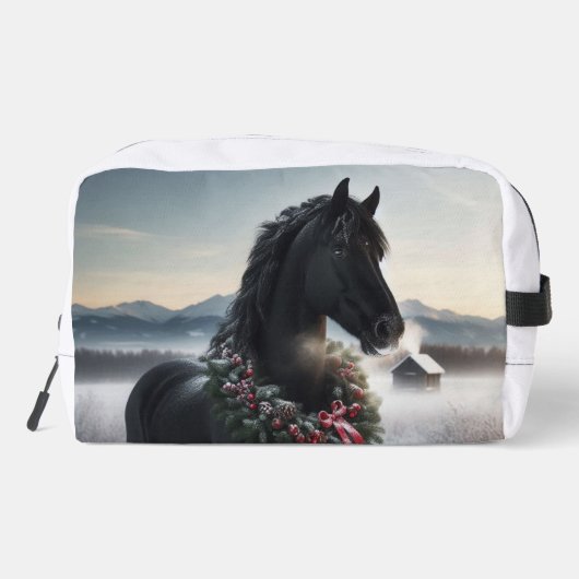 Zwart paard in de sneeuw met kerstkrans toilettasje (Achterkant)