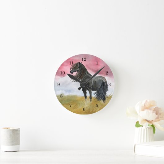 Zwart paard in veldwandklok ronde klok (Huis)