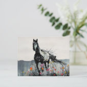 Zwart Paard in Wildbloemen Briefkaart (Staand voorkant)