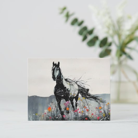 Zwart Paard in Wildbloemen Briefkaart (Staand voorkant)