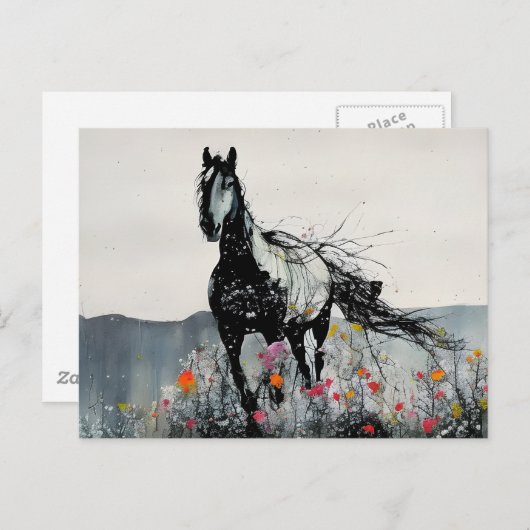Zwart Paard in Wildbloemen Briefkaart (Voorkant / Achterkant)