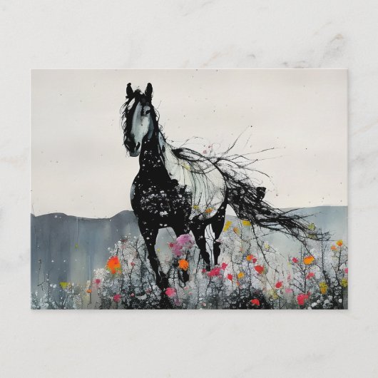 Zwart Paard in Wildbloemen Briefkaart (Voorkant)