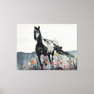 Zwart Paard in Wildbloemen Canvas Afdruk