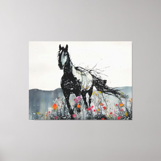Zwart Paard in Wildbloemen Canvas Afdruk (Voorkant)