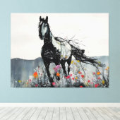 Zwart Paard in Wildbloemen Canvas Afdruk (Insitu (Houten vloer))