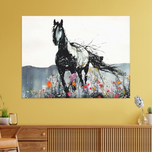 Zwart Paard in Wildbloemen Canvas Afdruk (Insitu (Woonkamer))