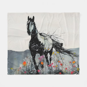Zwart Paard in Wildbloemen Fleece Deken