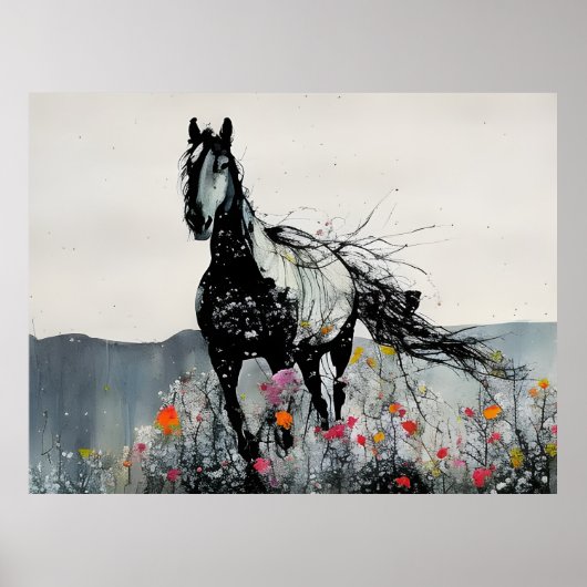Zwart Paard in Wildbloemen Poster (Voorkant)