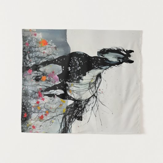 Zwart Paard in Wildbloemen Wandkleed (Voorkant (horizontaal))