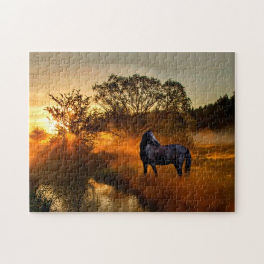 Zwart paard in zonsopgang legpuzzel (Horizontaal)