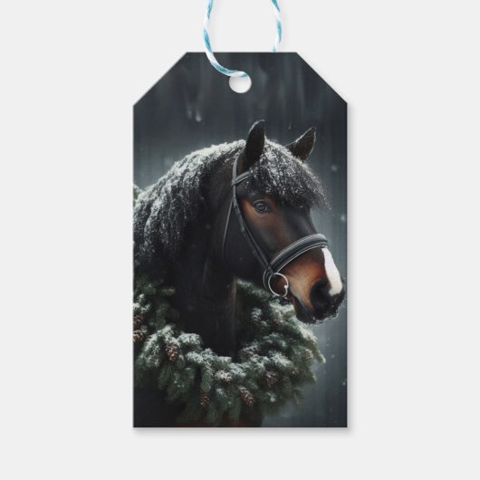 Zwart Paard Kerstkrans Sneeuwweide Cadeaulabel (Voorkant)