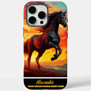 Zwart paard loopt bij zonsondergang iPhone 16 pro max hoesje