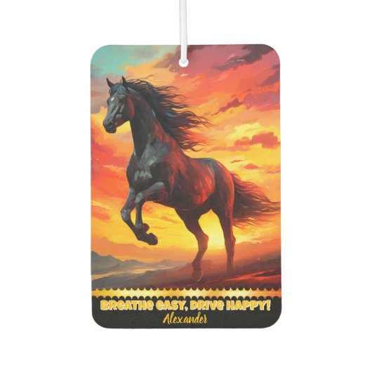 Zwart paard loopt bij zonsondergang luchtverfrisser (Voorkant)