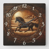 Zwart paard loopt door velden bij zonsondergang vierkante klok (Voorkant)