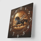 Zwart paard loopt door velden bij zonsondergang vierkante klok (Hoek)