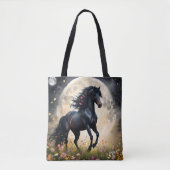 Zwart Paard Maan Bloemveld, Tote Bag (Voorkant)