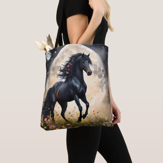 Zwart Paard Maan Bloemveld, Tote Bag (Dichtbij)