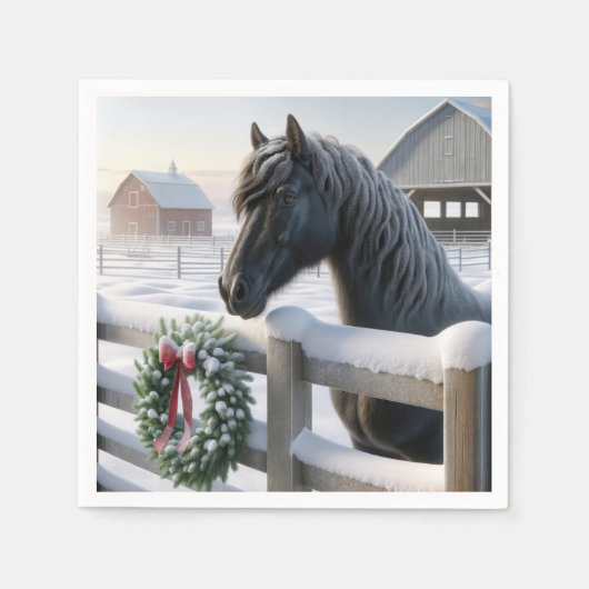 Zwart paard met een besneeuwde kerstkrans servet (Voorkant)