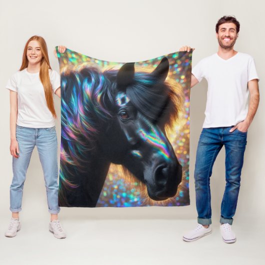 Zwart paard met iriserende manen fleece deken (In situ)