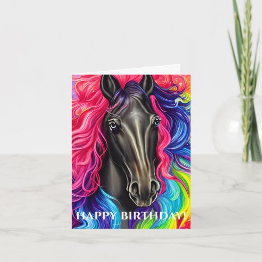 Zwart Paard met Kleurrijke Mane Verjaardag Feestdagen Kaart (Voorkant)