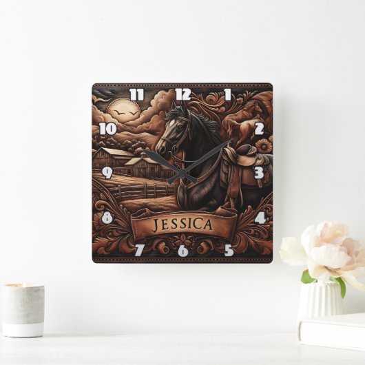 Zwart paard met zadel in de buurt van schuur bij R Vierkante Klok (Huis)