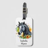 Zwart Paard Omgeven door bloemen Gepersonaliseerd Bagagelabel (Voorkant (verticaal))