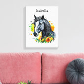 Zwart Paard Omgeven door bloemen Gepersonaliseerd Canvas Afdruk (Insitu (Woonkamer))