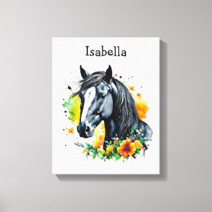 Zwart Paard Omgeven door bloemen Gepersonaliseerd Canvas Afdruk
