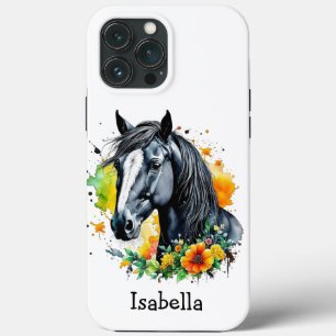 Zwart Paard Omgeven door bloemen Gepersonaliseerd Case-Mate iPhone Case