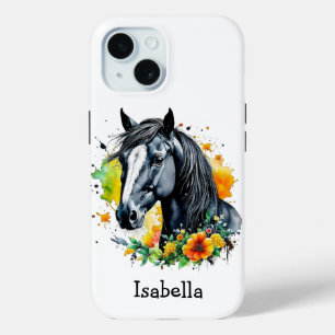 Zwart Paard Omgeven door bloemen Gepersonaliseerd iPhone 15 Case