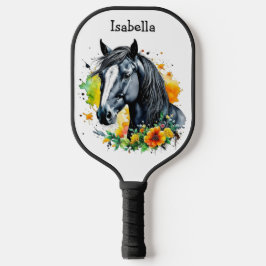 Zwart Paard Omgeven door bloemen Gepersonaliseerd Pickleball Paddle