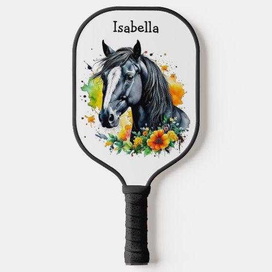 Zwart Paard Omgeven door bloemen Gepersonaliseerd Pickleball Paddle (Voorkant)