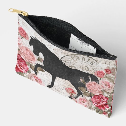 Zwart Paard Roze Roos Frans Script Vrouwelijke Zip Etui (Open)