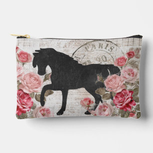 Zwart Paard Roze Roos Frans Script Vrouwelijke Zip Etui