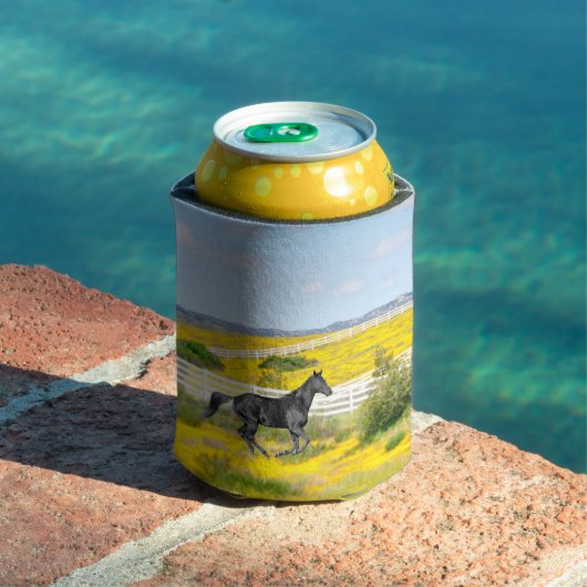 Zwart Paard Running in Field of Flowers Blikjeskoeler (Insitu Zwembad)