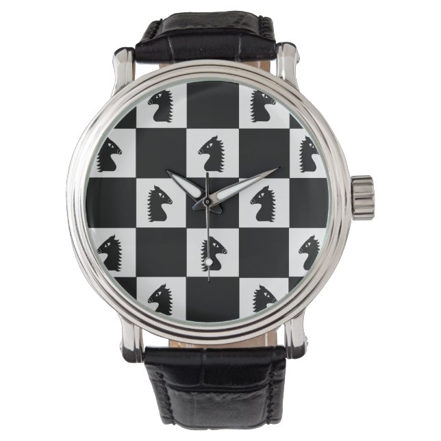Zwart Paard Schaakspel  Horloge (Voorkant)