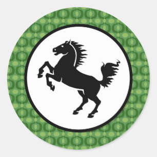 Zwart Paard Silhouet op Groen Patroon Ronde Sticker