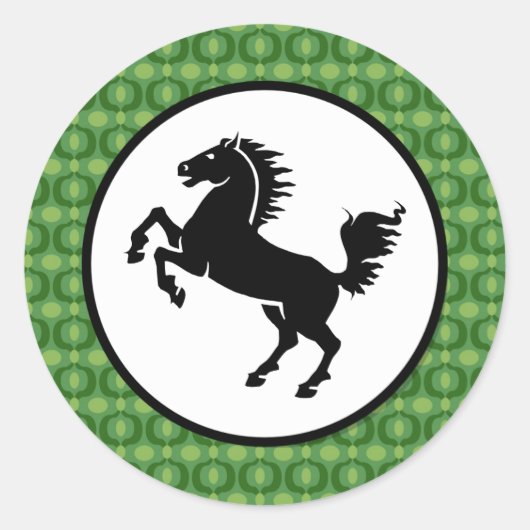 Zwart Paard Silhouet op Groen Patroon Ronde Sticker (Voorkant)